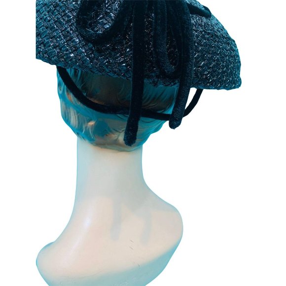 Vintage 1950s Wicker Hat Womens Large Black Sun Velvet Detail - Picture 9 of 11
